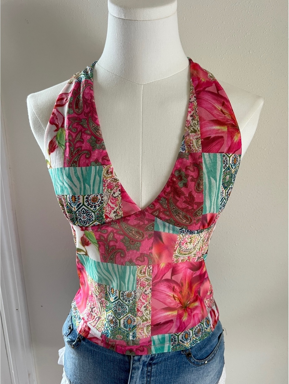NWT Edikted Catie Patchwork Mesh Halter Top